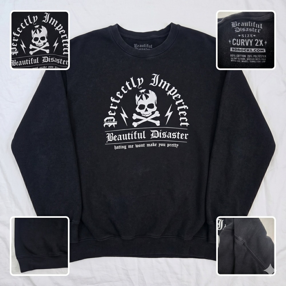 Beautiful Disaster Perfectly Imperfect Skull Sweatshirt Curvy 2X Black Thrashed